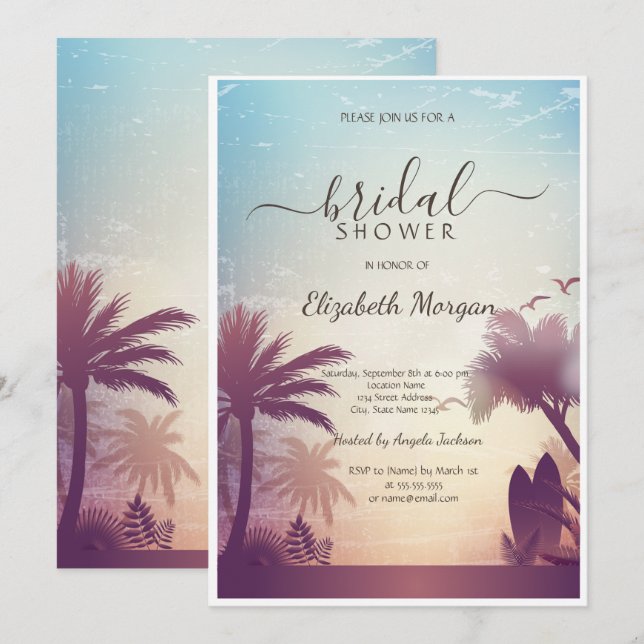Tropical Palms Beach Brautparty Einladung (Vorne/Hinten)