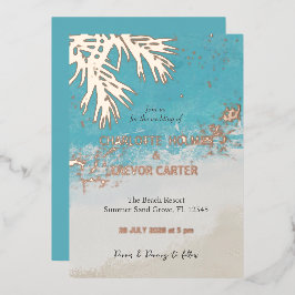 Tropical Palms Blue Ocean Beach Hochzeit Gold Folieneinladung