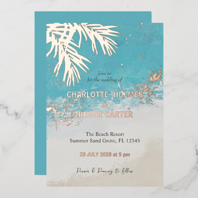 Tropical Palms Blue Ocean Beach Hochzeit Gold Folieneinladung (Vorderseite/Rückseite)