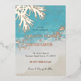 Tropical Palms Blue Ocean Beach Hochzeit Gold Folieneinladung