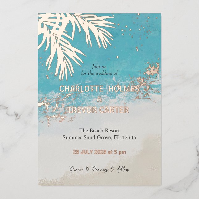 Tropical Palms Blue Ocean Beach Hochzeit Gold Folieneinladung (Vorderseite)