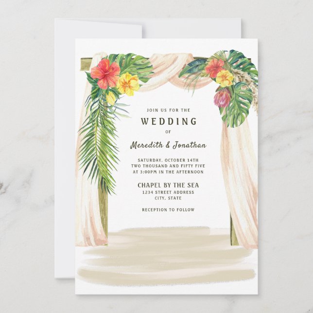 Tropical Palms Floral Arbor Seaside Beach Hochzeit Einladung (Vorderseite)