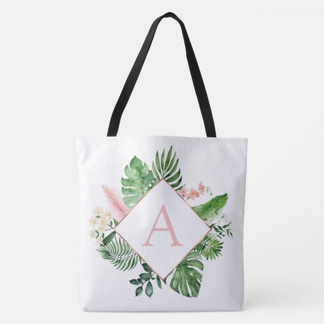 Tropical Palms Monogram Blush Pink Wedding Tasche (Vorderseite)