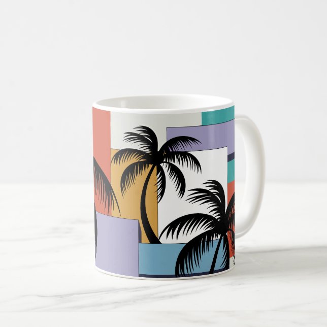 Tropical Palms on Geometric Sunset Background Kaffeetasse (VorderseiteRechts)