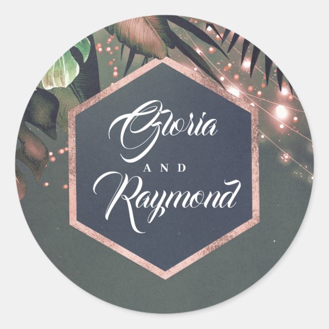 Tropical Palms Rose Gold Beach Hochzeit Runder Aufkleber (Vorderseite)