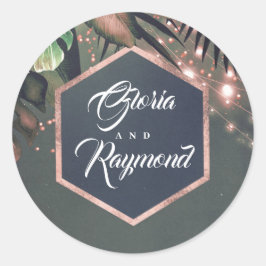 Tropical Palms Rose Gold Beach Hochzeit Runder Aufkleber