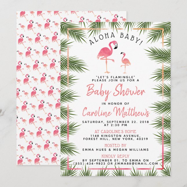 Tropical Palms Watercolor Flamingo Kinderdusche Einladung (Vorne/Hinten)
