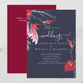 Tropical Pampas Grass Navy Berry Wedding Einladung