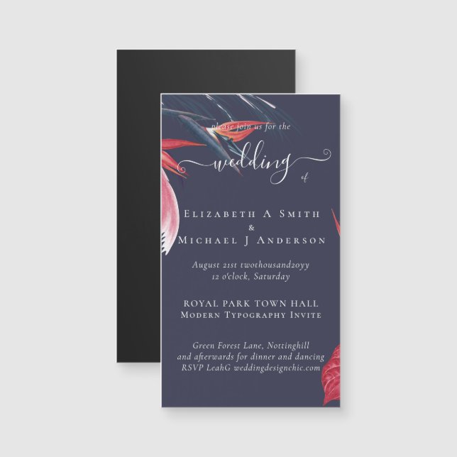 Tropical Pampas Grass Navy Berry Wedding Magnetkarte (Vorne/Hinten)