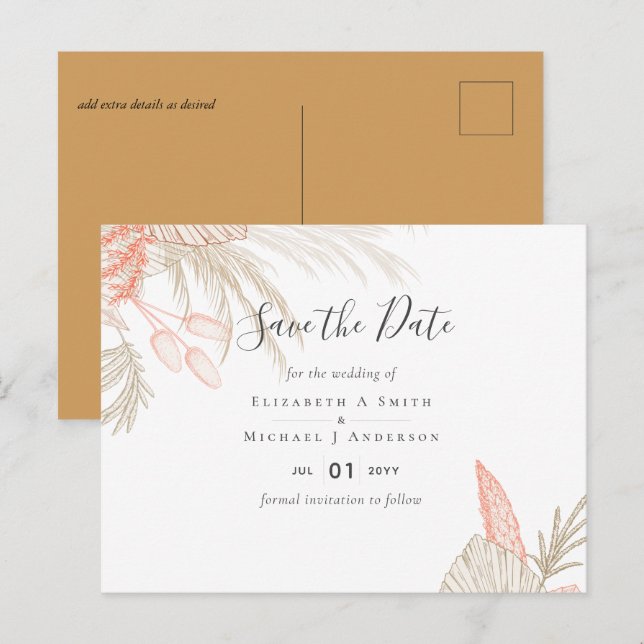 Tropical Pampas Grass Terracotta Wedding Postkarte (Vorne/Hinten)