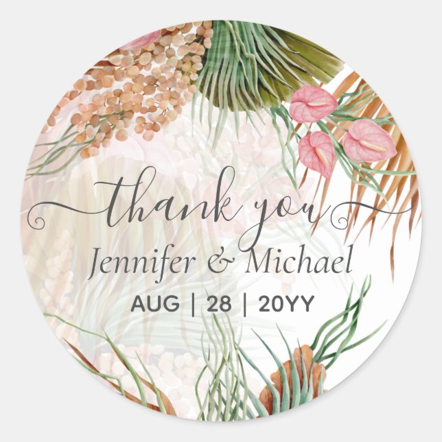 Tropical Pampas Grass Terracotta Wedding Runder Aufkleber (Vorderseite)