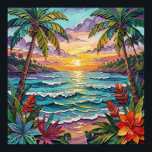 Tropical Paradise | Coastal Beach Scene Impasto Poster<br><div class="desc">Pretty poster with a gorgeous ai impasto oil painting style illustration of the  blue ocean,  a sandy beach surrounded by palm trees at sunset.</div>