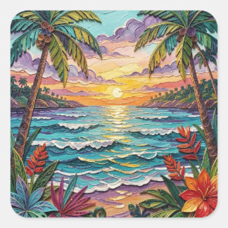 Tropical Paradise | Coastal Beach Scene Impasto Quadratischer Aufkleber