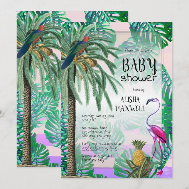 Tropical Paradise Greenery Boho Babydusche Einladung (Vorne/Hinten)