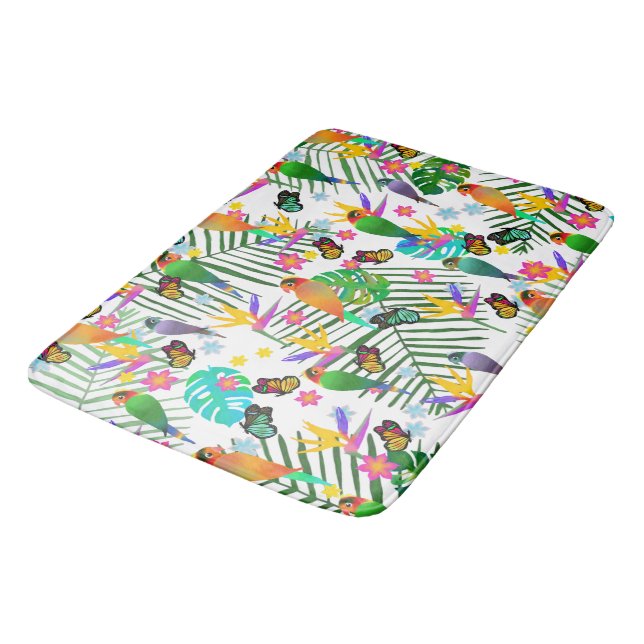 Tropical Paradise Palm Green Blätter Floral Birds Badematte (Schrägansicht)