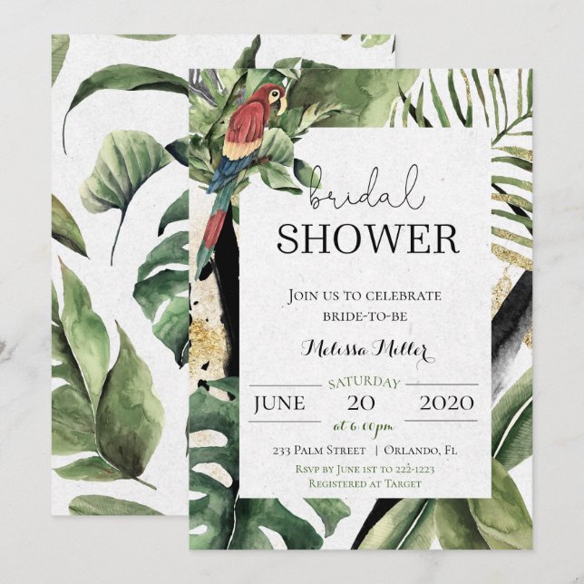 Tropical Parrot Jungle Bridal Dusche Einladung (Vorne/Hinten)