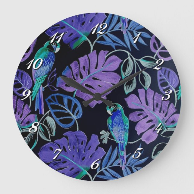 Tropical Parrot Paradise Wall Clock Große Wanduhr (Vorderseite)