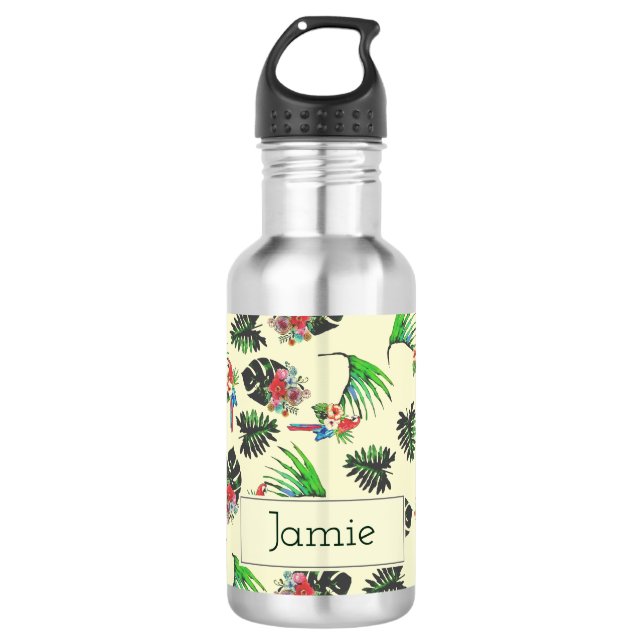Tropical Parrots and Floral Pattern Personalised Edelstahlflasche (Vorderseite)