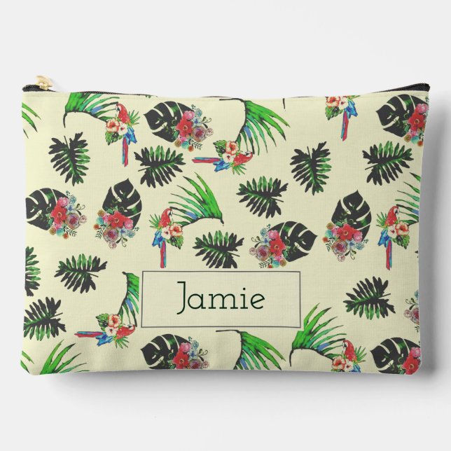 Tropical Parrots and Floral Pattern Personalised Zubehörtasche (Vorderseite)