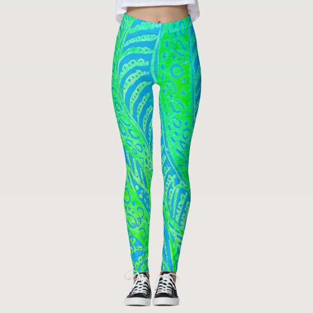 Tropical Pattern, Line Round Curve, Blue Turquoise Leggings (Vorderseite)