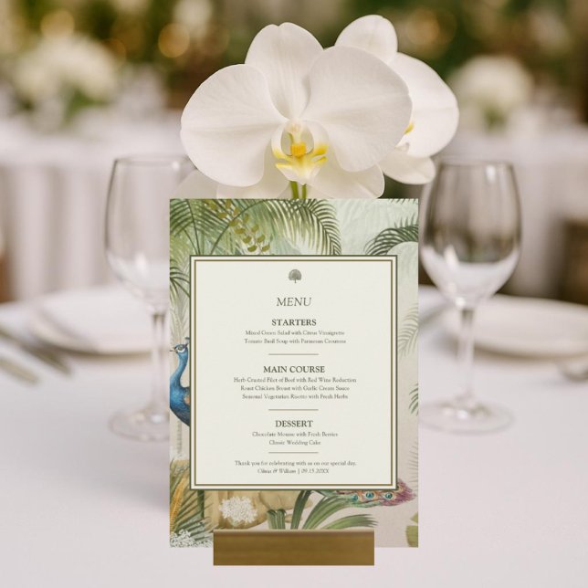 Tropical Peacock Palm 12x18 Wedding Menu Card Menükarte (Tropical Peacock Palm 5x7 Wedding Menu Card styled with orchids & glassware for resort wedding. )