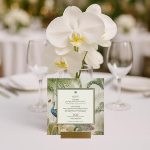 Tropical Peacock Palm Square Wedding Menu Card Menükarte