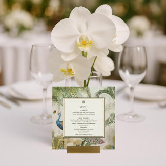 Tropical Peacock Palm Square Wedding Menu Card Menükarte