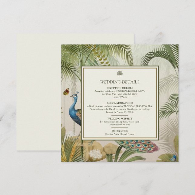 Tropical Peacock Palm Wedding Details Card Einladung (Vorne/Hinten)