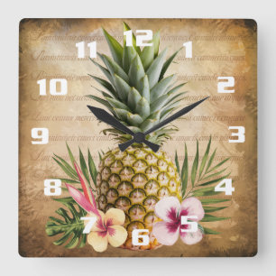 Tropical Pineaple French Calligraphy stilvoll Quadratische Wanduhr