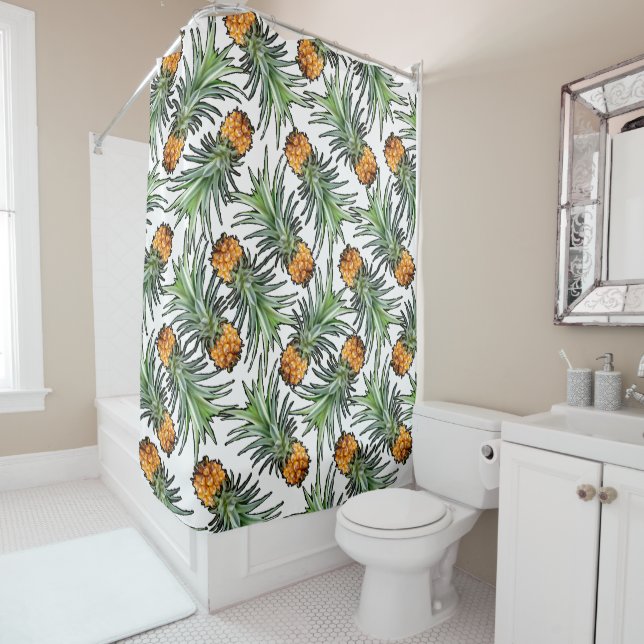 Tropical Pineapple Pattern on White Duschvorhang (Beispiel)