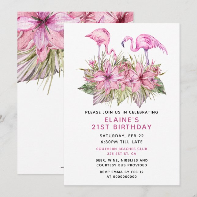 Tropical Pink Flamingo Geburtstagsparty Einladung (Vorne/Hinten)