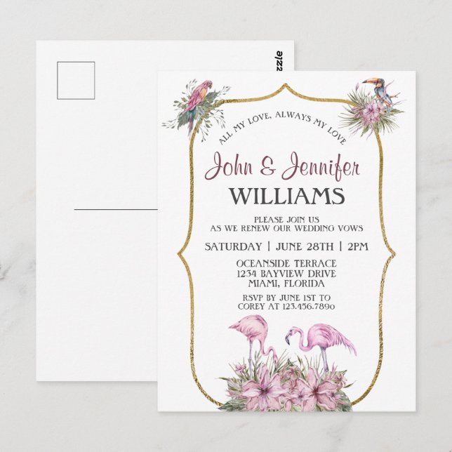 Tropical Pink Flamingo Gold Wedding Vow Erneuerung Postkarte (Vorne/Hinten)