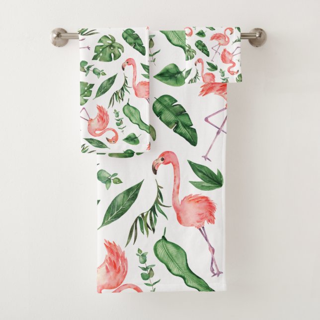Tropical Pink Flamingo Pattern v2 Badezimmer Badhandtuch Set (Insitu)