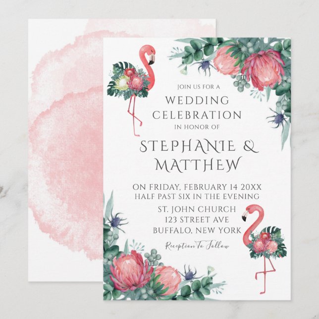 Tropical Pink Flamingo Peony Floral Wedding Einladung (Vorne/Hinten)