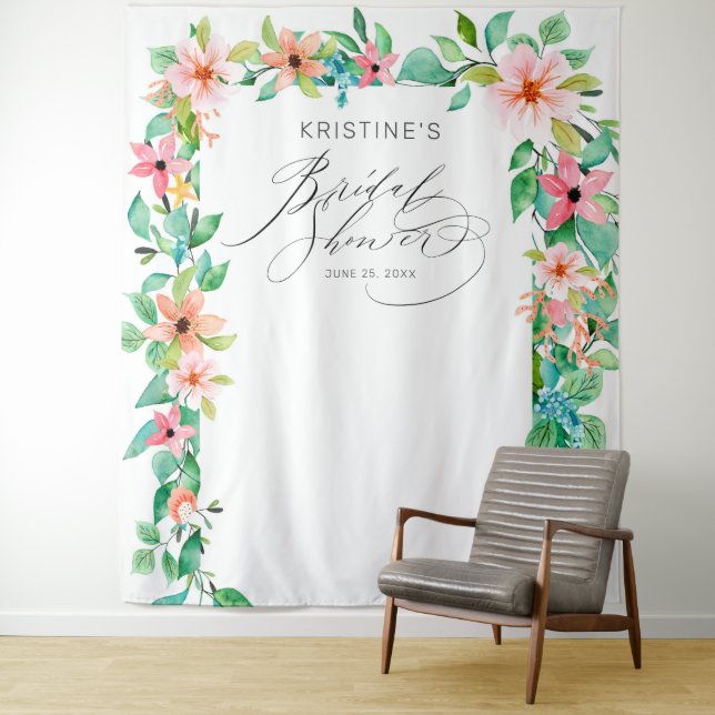 Tropical Pink Floral Elegantes Script-Brautparty Wandteppich (Beispiel)