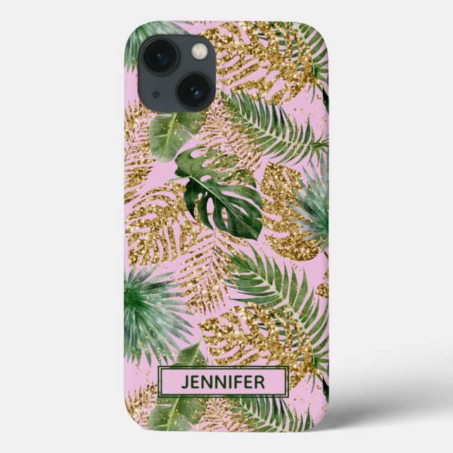 Tropical Pink Green Palm Blätter Gold Glitzer Name Case-Mate iPhone Hülle (Rückseite)