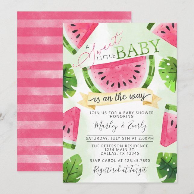 Tropical Pink Watermelon Kinderdusche Einladung (Vorne/Hinten)