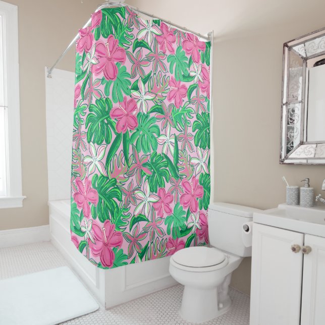 Tropical Pink White Flowers Palm Leaves Preppy Duschvorhang (Beispiel)