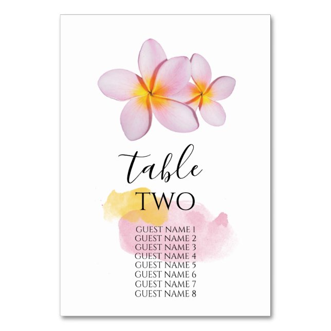 Tropical Plumeria Frangipani Wedding Guest Names Tischnummer (Vorderseite)