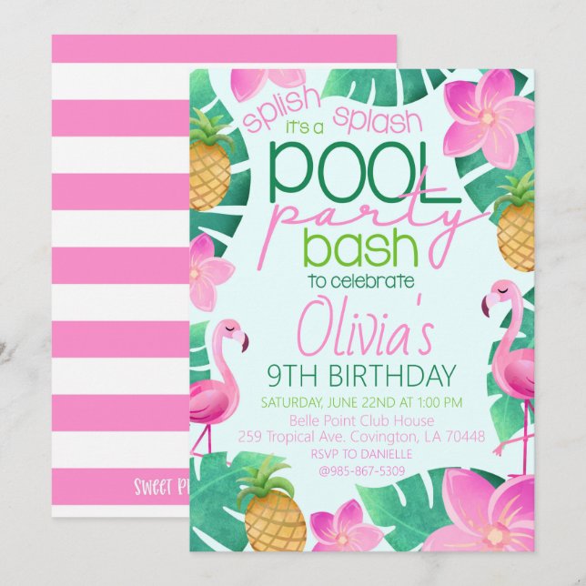 Tropical Pool Party Birthday Party Invitation (Devant / Derrière)