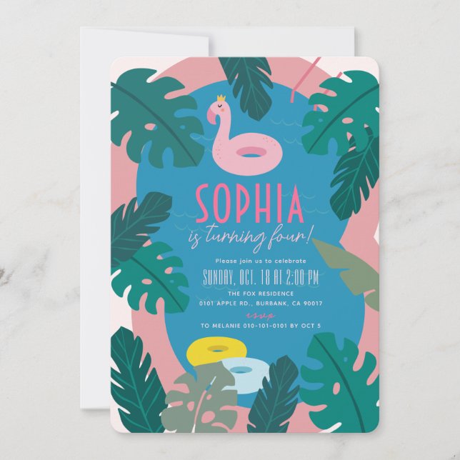 Tropical Pool Party Pink Girl Geburtstag Einladung (Vorderseite)