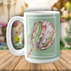 Tropical Protea Blume auf Green Kaffeetasse