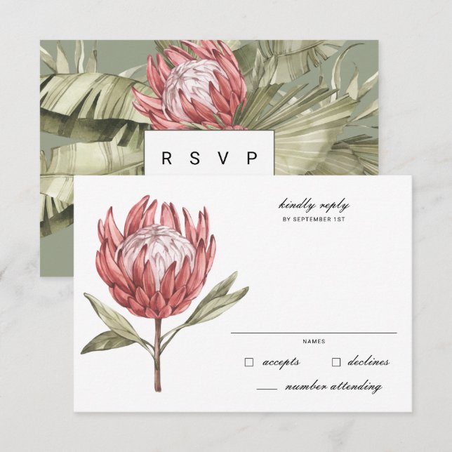 Tropical Protea Palm Leaf Wedding RSVP Karte (Vorne/Hinten)