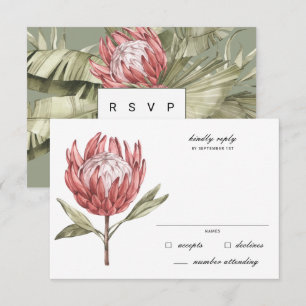 Tropical Protea Palm Leaf Wedding RSVP Karte