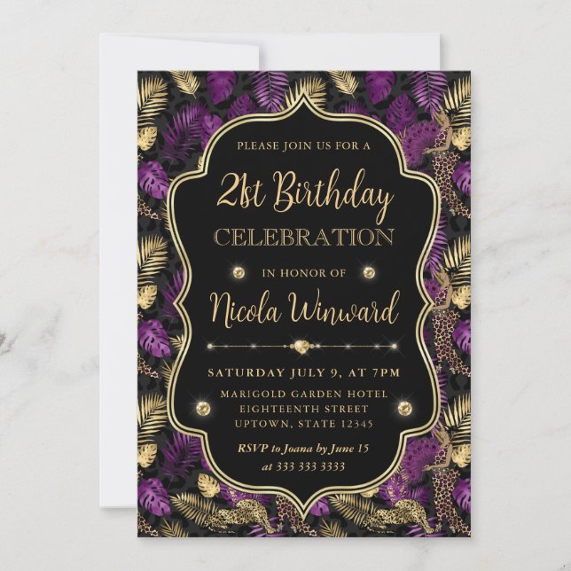 Tropical Purple & Gold Leopard Print 21st Birthday Einladung (Vorderseite)