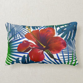 Tropical Red Hibiskus Floral Dark Aquamarine Blätt Lendenkissen
