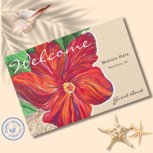Tropical Red Hibiskus Floral Vacacation Zuhause Re Gästebuch (Mahalo Hale Tropical Hibiscus Flower Guest Book features my Original Hibiscus in the Park Painting.)