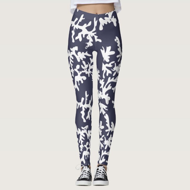 Tropical Reef Blue White Coral Print Leggings (Vorderseite)