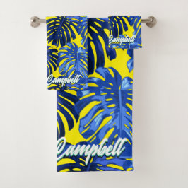 Tropical Royal Blue Yellow Monstera Blätter Name Badhandtuch Set