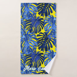 Tropical Royal Blue Yellow Monstera Blätter Name Badhandtuch Set